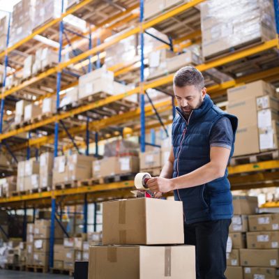 Male warehouse worker or a supercisor sealing cardboard boxes.